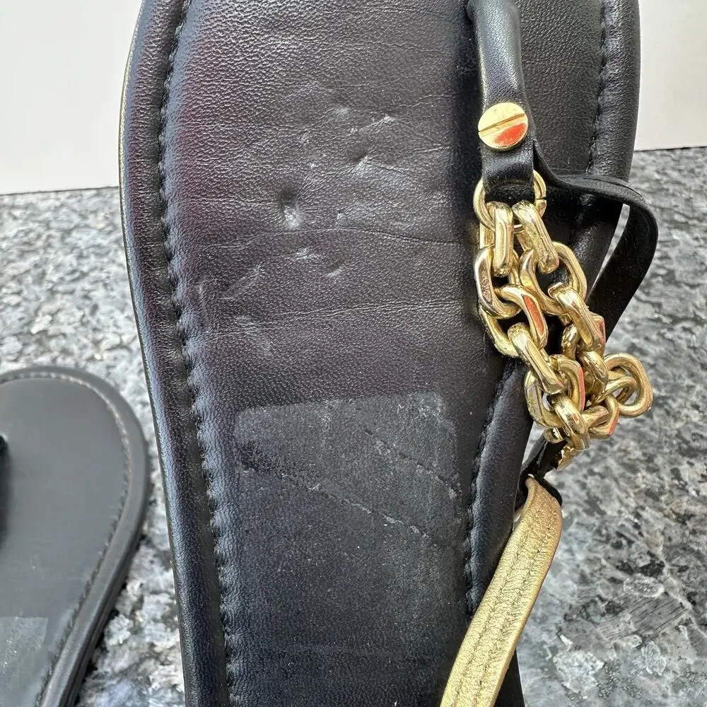 Tory Burch Shane Mestico T-Strap Sandals Women's sz 10 Black & Gold Tone Chain